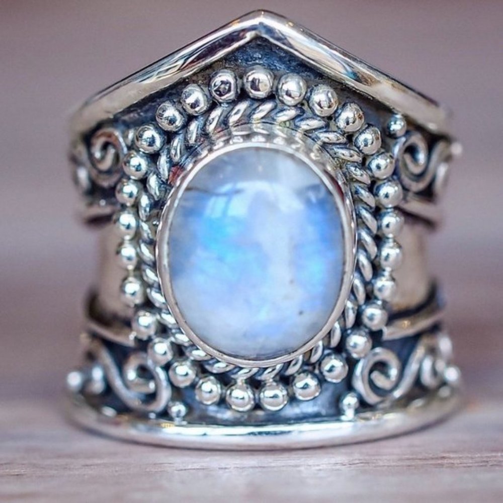 NEW 925 Silver Moonstone Vintage Wide Band Ring